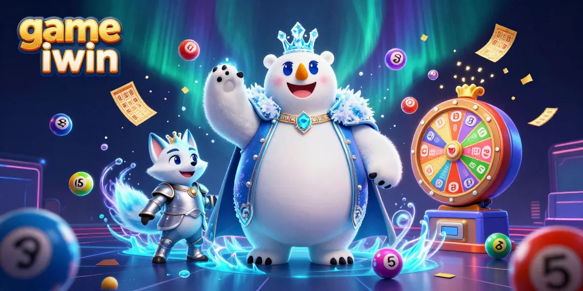 Win big with engaging game iwin featuring a fantastical polar bear and snow fox in this vibrant casino scene.