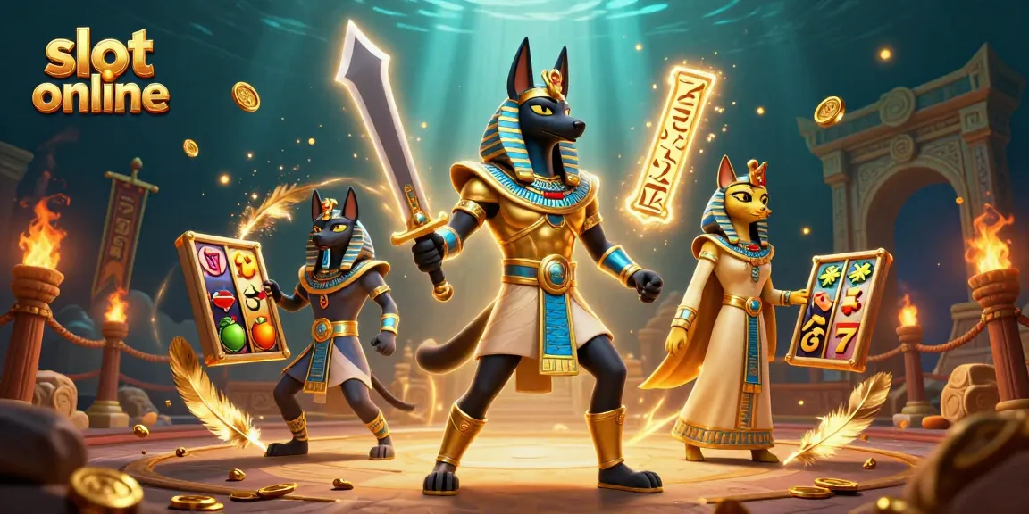 Mainkan slot online dengan karakter Anubis dan Bastet dalam suasana kasino yang megah dan berkilauan.