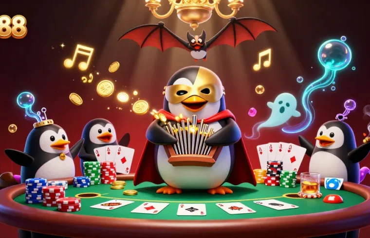 Experience thrilling gaming at mb88 with a dynamic scene featuring a penguin organ player amidst intense poker action.
