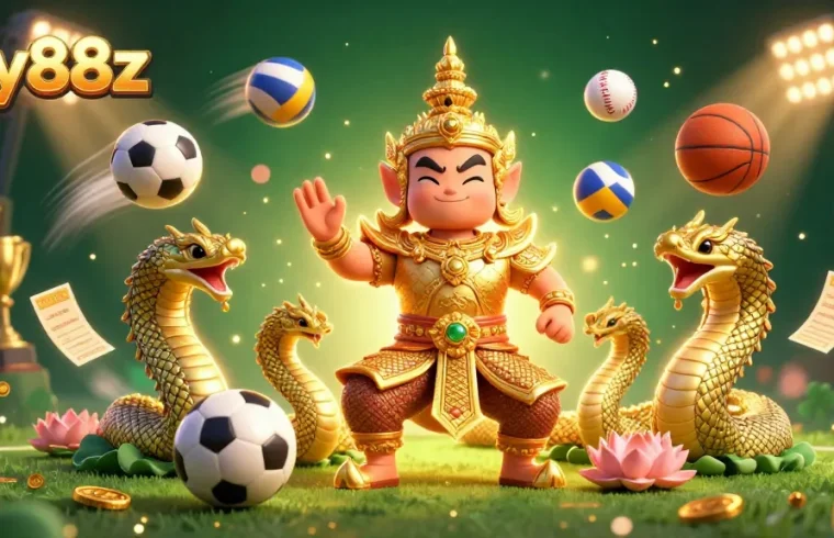 Engage with sky88z's energetic sports betting scene, featuring a Thai guardian and Naga serpents amidst dynamic game elements.
