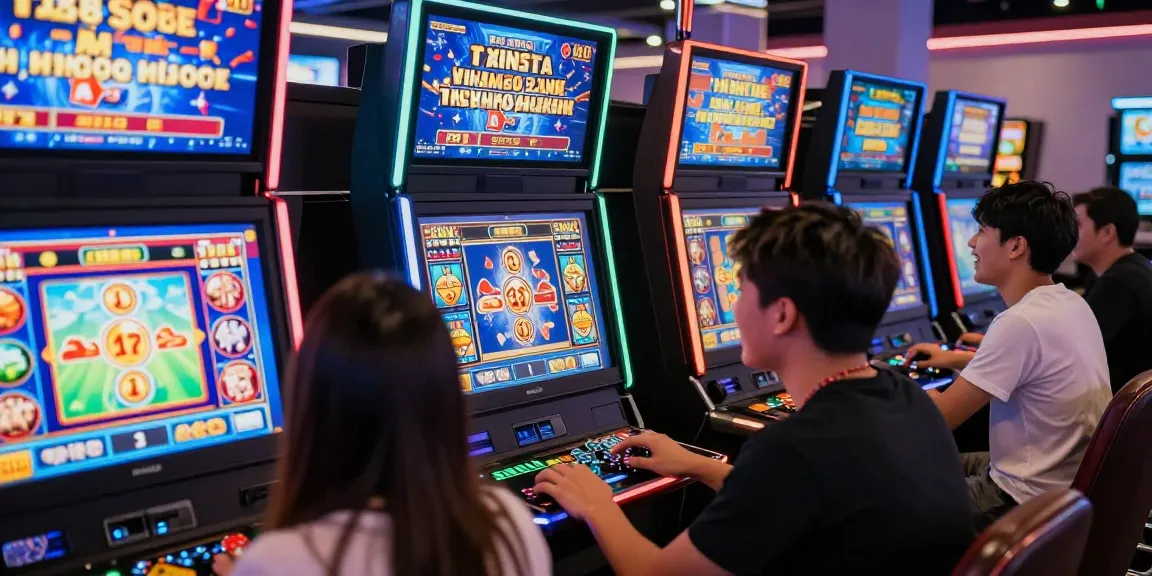 Energetic players engaged in online gaming with ngamenjitu slot machines and lottery displays.