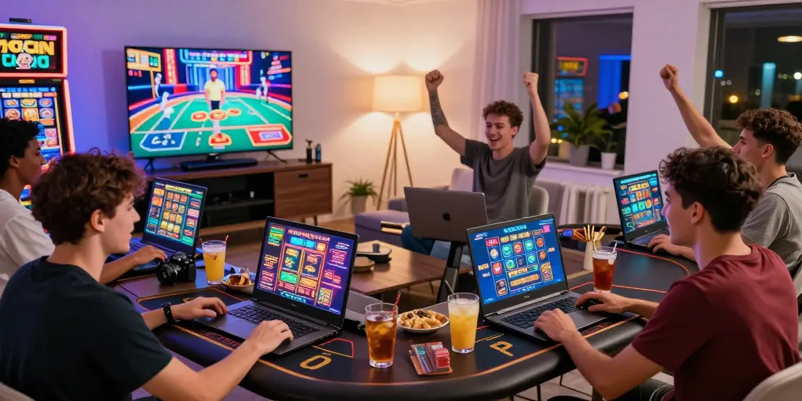 Excited players engaging with new online casinos in the UK from home, showcasing vibrant gaming atmosphere.