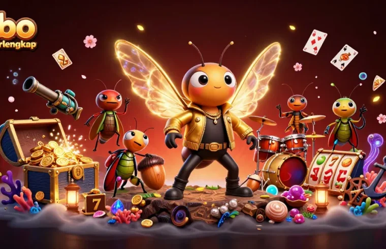 Experience spbo terlengkap with a 3D cicada rock star and vibrant casino elements.