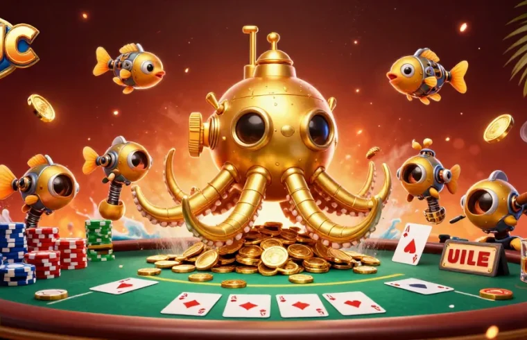 KJC players engaging with thrilling golden kraken submarine and poker activities, immersing in the casino experience.