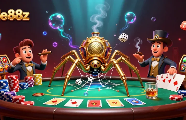 Experience the thrill of gaming with lode88z in this vibrant casino-themed illustration filled with steampunk elements.