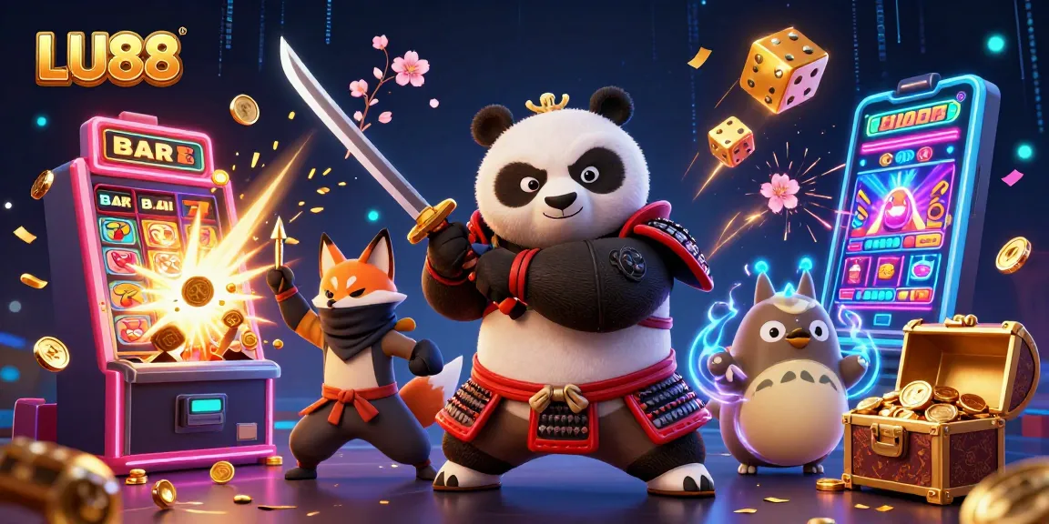 LU88 3D illustration showcases a samurai panda and ninja fox in a dynamic casino scene.