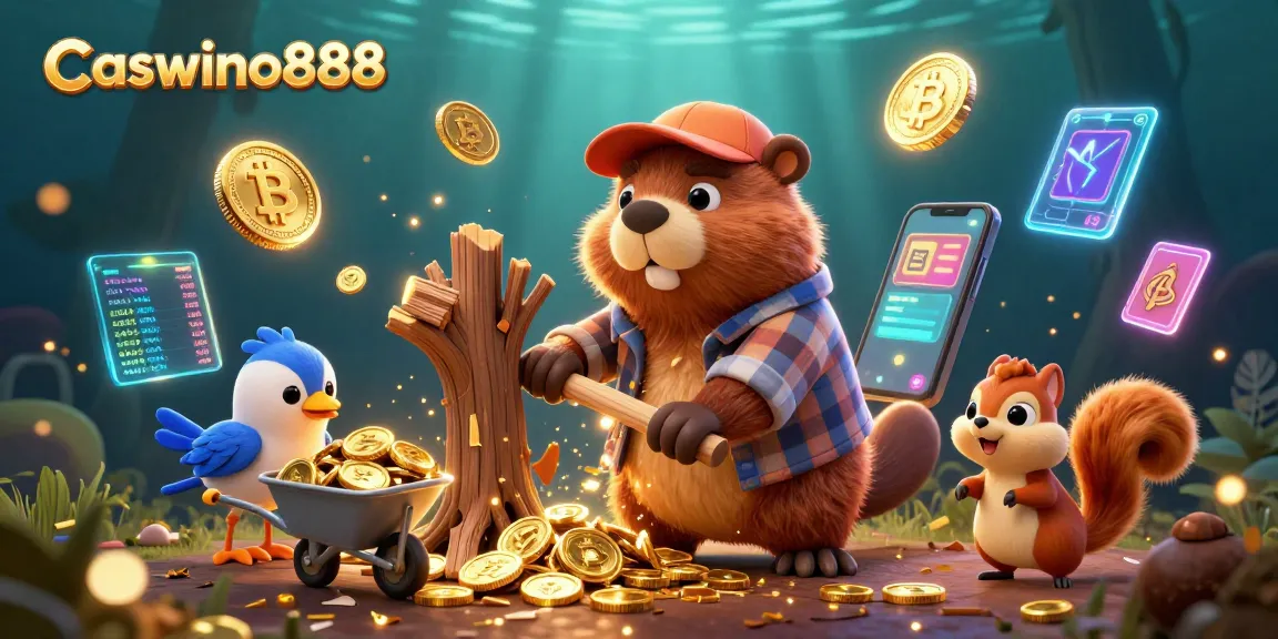 Experience jackpots with Caswino888 in this vibrant casino illustration filled with cryptocurrency elements.