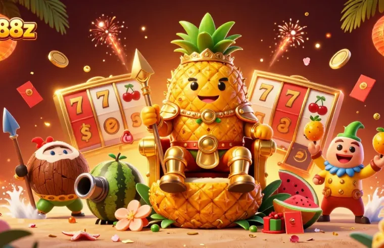 Engage with net88z's vibrant casino scene featuring golden pineapple king and thrilling slot reels.