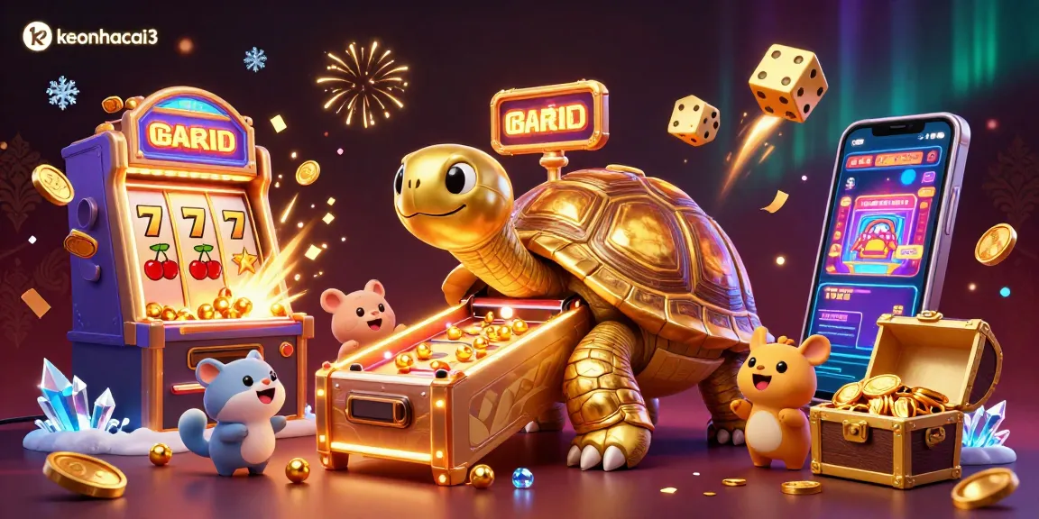 Engage with exciting casino fun as keonhacai3 showcases a golden tortoise pinball machine and dynamic slot explosions.