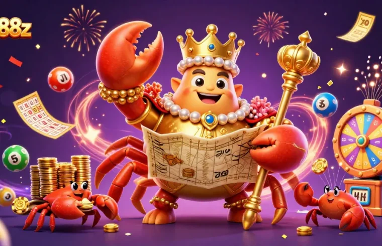Experience five88z's vibrant lottery scene featuring a crab emperor overseeing dynamic game elements and confetti.