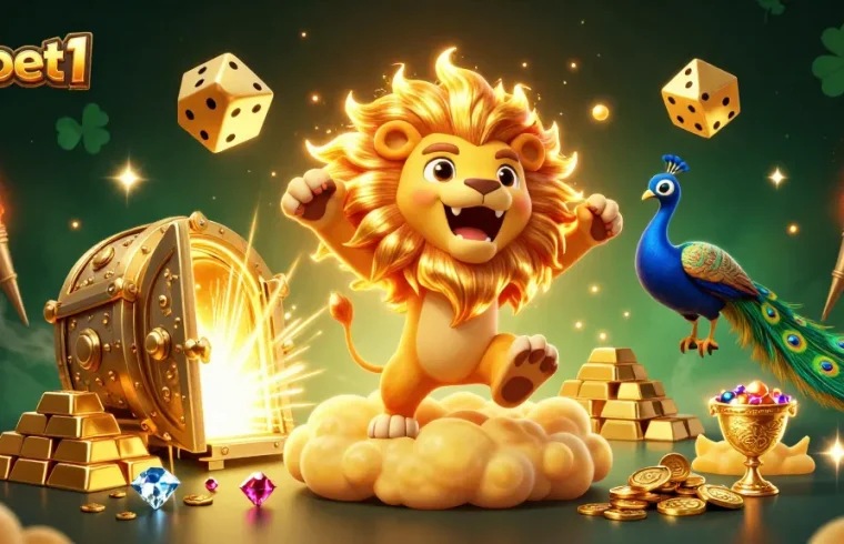 Experience the thrill of debet1 as a roaring lion stands triumphantly amid dazzling treasures and lucky symbols.