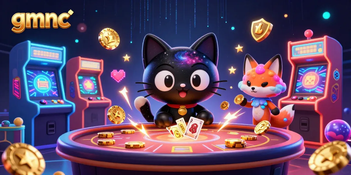 Spin to win with gmnc at a cosmic casino table as a black hole cat pulls in golden chips and cards.