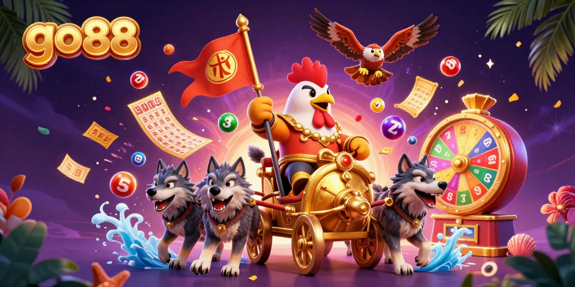 Engage with go 88 at the thrilling casino scene, featuring a rooster warlord among vibrant lottery elements.