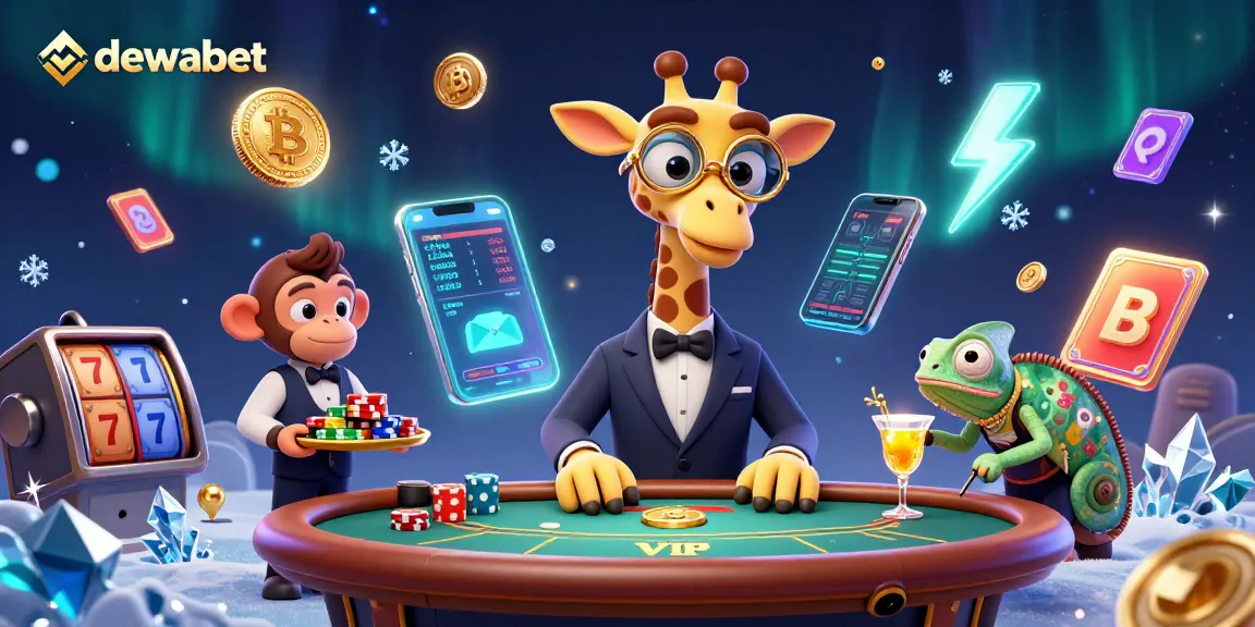 Dewabet menghadirkan pengalaman permainan kasino dengan jerapah bergaya duduk di meja poker mewah, dikelilingi karakter kasino unik.