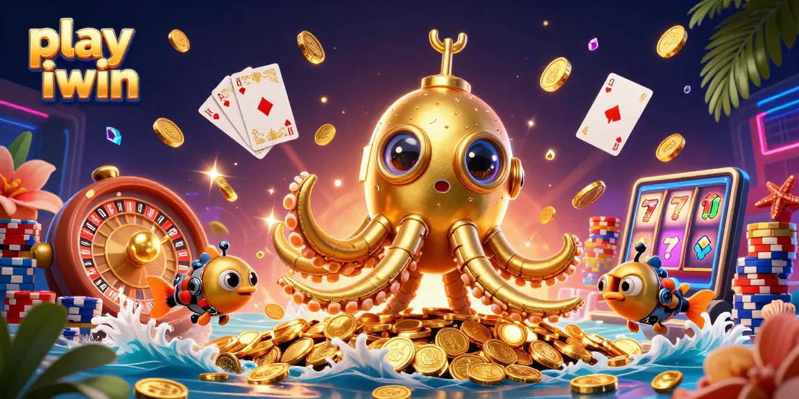 Play iwin with dynamic 3D kraken and casino elements, showcasing golden coins and a roulette wheel.