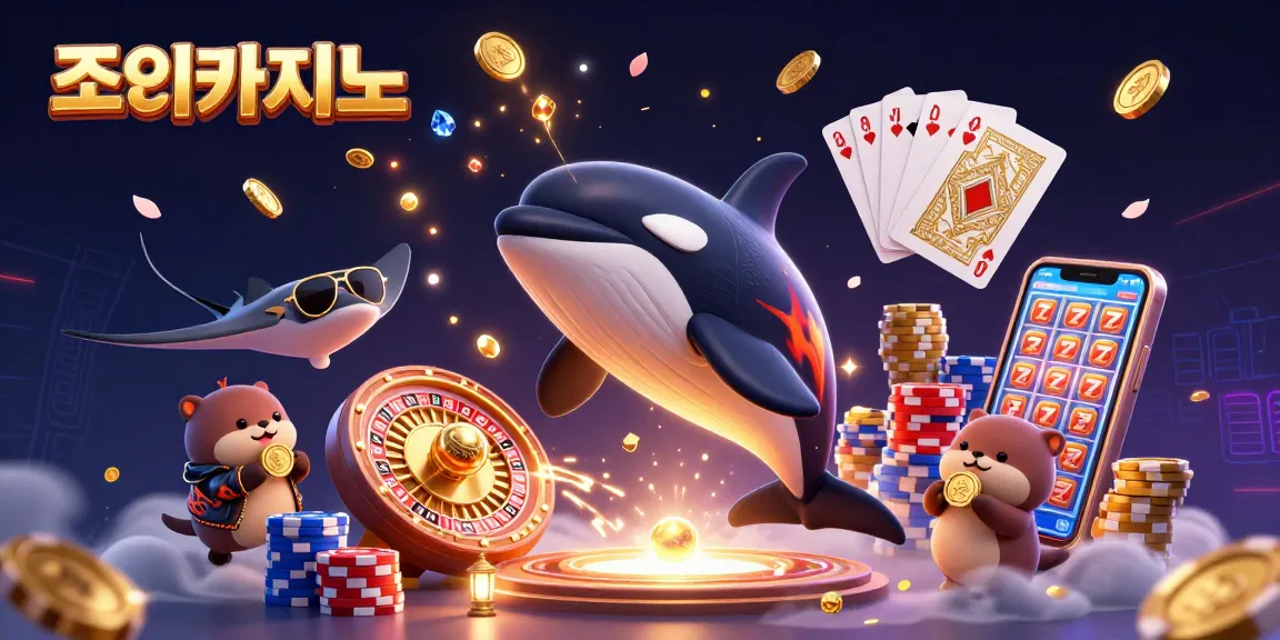 Experience thrilling gameplay at 조이카지노 with animated characters celebrating wins, featuring coins and casino elements.