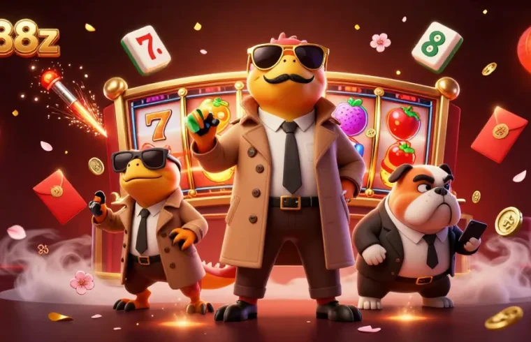 uk88z players spin slot reels with raptors in trench coat while bouncer guards the VIP lounge