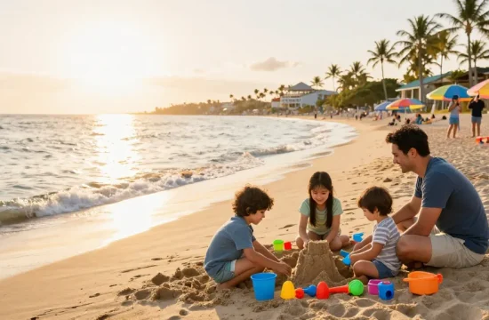 Keluarga di https://miami4d.com/ menikmati waktu bersama di pantai saat matahari terbenam.