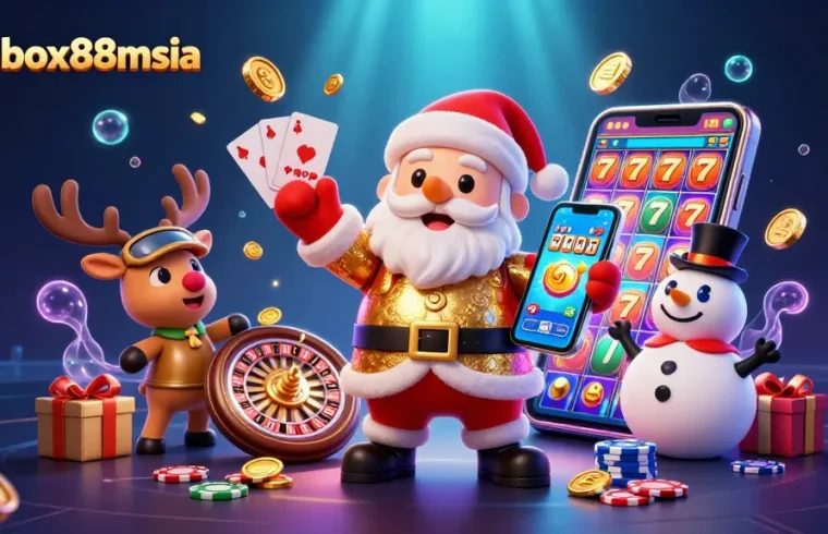 Winbox88msia showcases a vibrant casino scene featuring a friendly Santa Claus, reindeer dealer, and poker chip snowman.