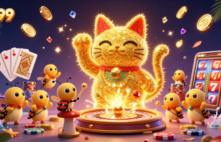 Experience the excitement of PG99 with a vibrant lucky cat and dazzling casino symbols.