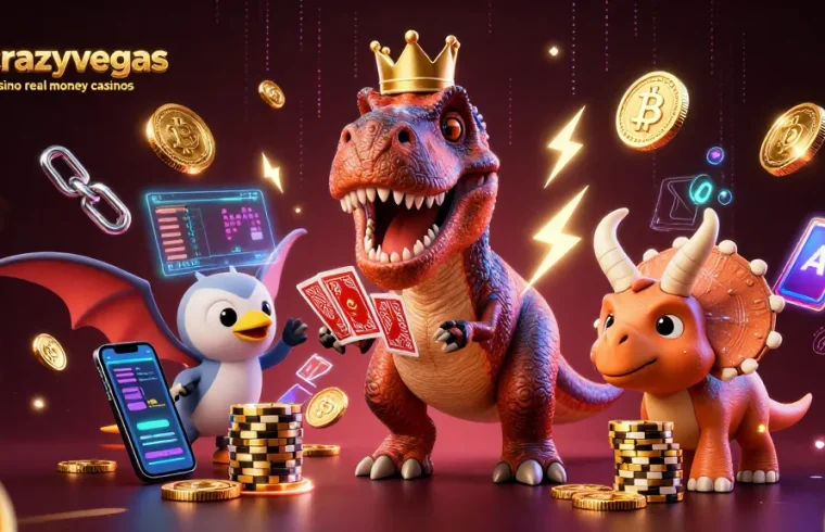 Engage with crazyvegas casino real money casinos in a vibrant 3D illustration of a T-Rex shuffling cards.