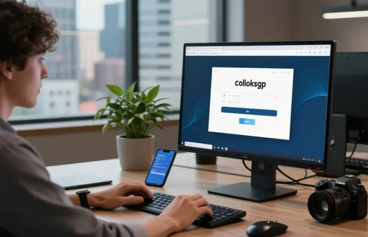User accessing coloksgp login interface on a modern computer setup in a tech workspace.