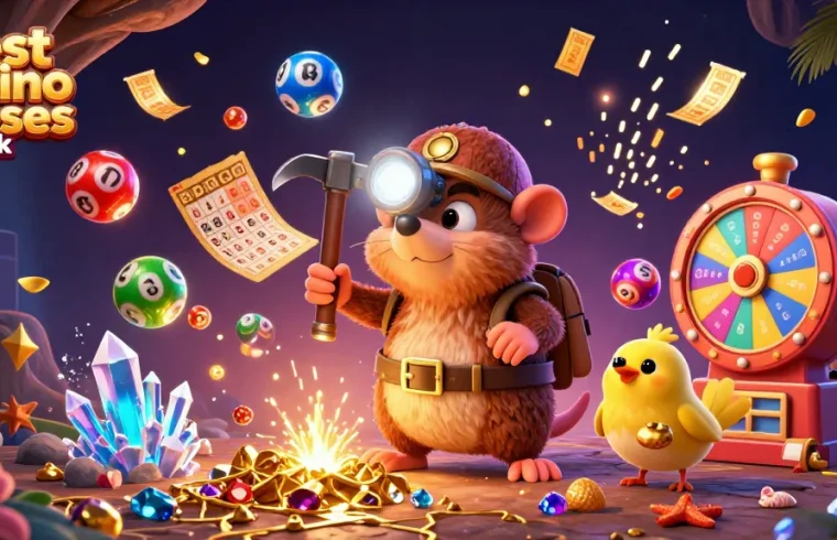Engage with the best casino bonuses uk in a vibrant 3D illustration featuring a treasure hunter mole and dynamic gaming elements.