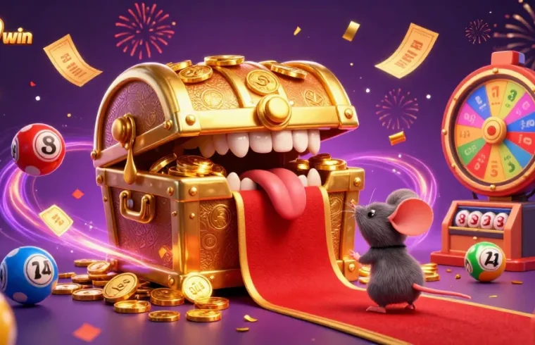 Engage with 789win's thrilling casino experience featuring a cartoon treasure chest, lottery balls, and festive effects.