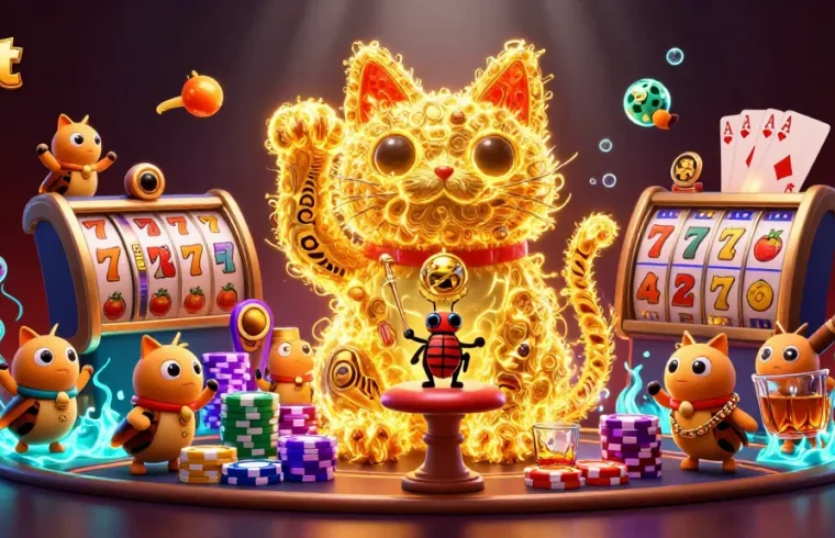 Raih keberuntungan slot dengan ilustrasi kucing keberuntungan yang bergerak di antara simbol kasino