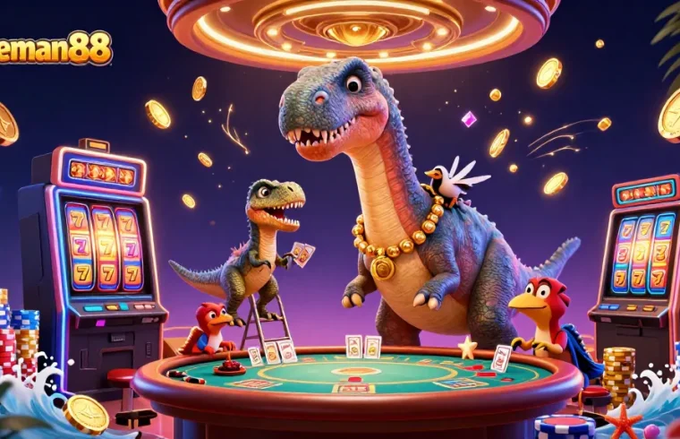 Engage with spaceman88 slot reels in a vibrant casino scene featuring a towering dinosaur and dealer raptor.