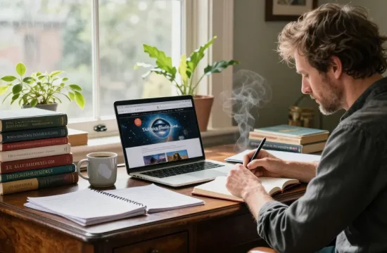 T. Allen Greenfield writing in his cozy home office, showcasing his website https://tallengreenfield.com surrounded by books on spirituality.