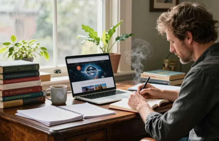 T. Allen Greenfield writing in his cozy home office, showcasing his website https://tallengreenfield.com surrounded by books on spirituality.
